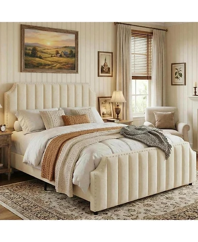 gaomon Queen Bed Frame with 52" Tall Headboard and Footboard, Upholstered Platform with Wood Slats