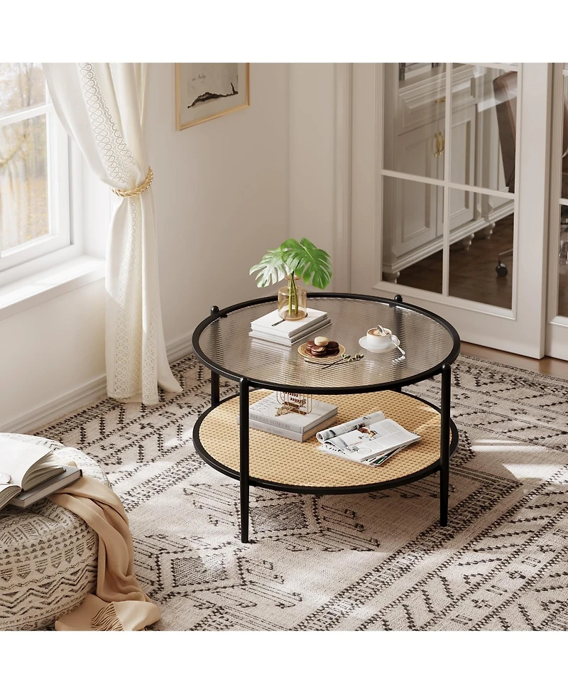gaomon 30" 2-Tier Rattan Coffee Table with Water-Wave Glass