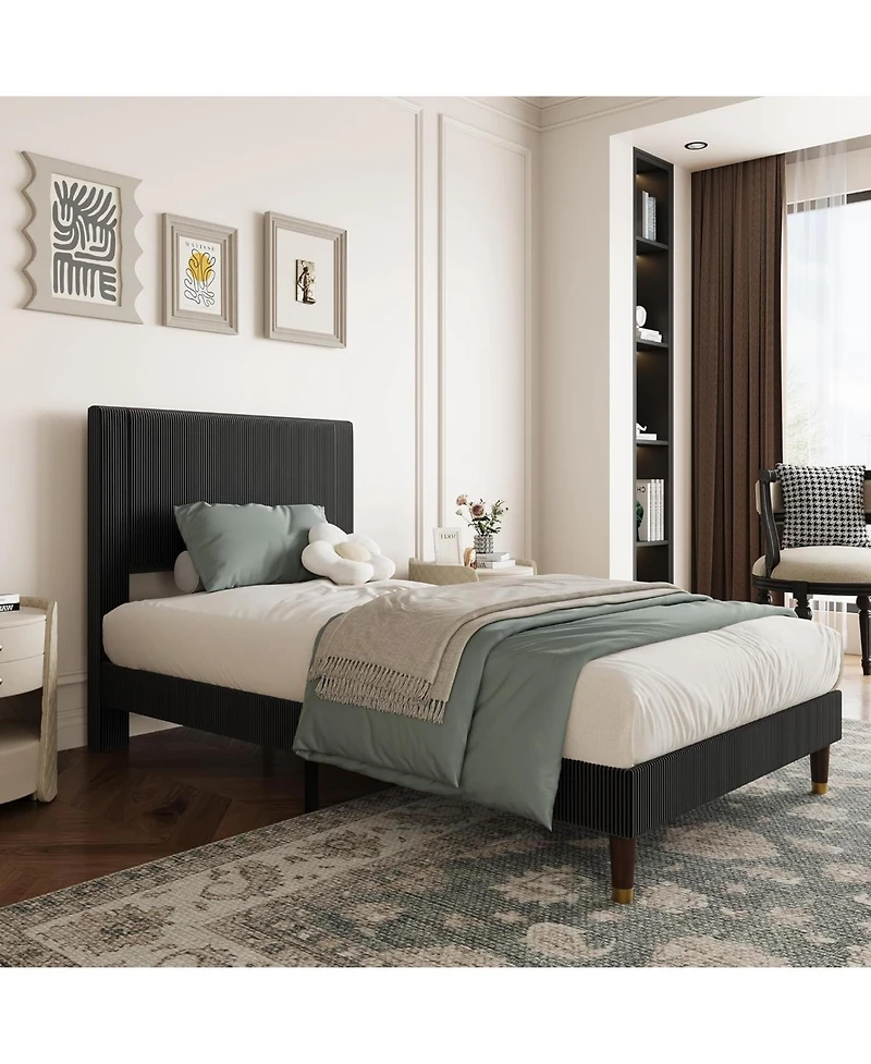 gaomon Twin Upholstered Bed Frame with Headboard, Corduroy Platform with Wood Slats