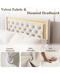 gaomon Queen Floating Bed Frame with Led Lights, Upholstered Platform with Diamond Headboard, Wood Slats Support