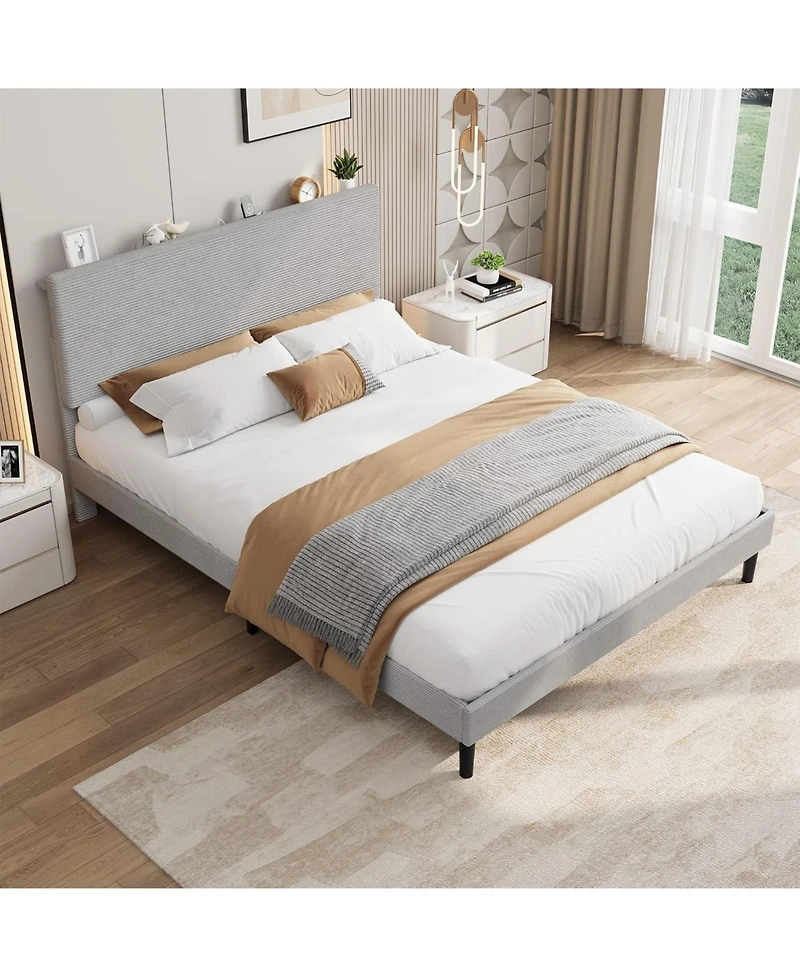gaomon Queen Corduroy Upholstered Usb Charging Station Storage Headboard Platform Bed Frame