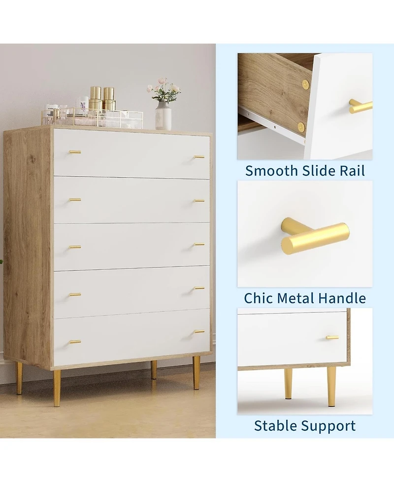 gaomon 44" Tall 5-Drawer Dresser, Vintage Design with Bar Handles