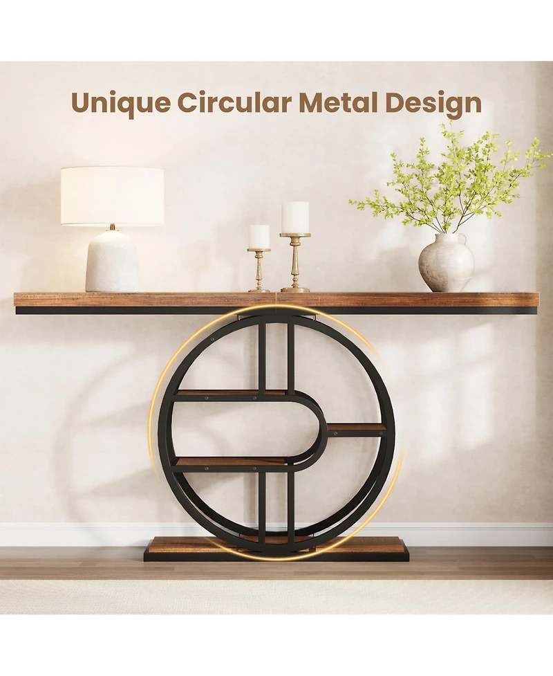 gaomon 55" Industrial Narrow Console Sofa Table with O-Shaped Metal Frame and 5-Tier Storage