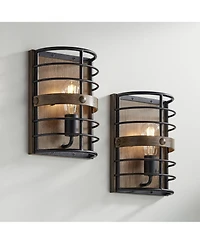 Franklin Iron Works Lexi Farmhouse Rustic Industrial Wall Light Sconces Set of 2 Oil Rubbed Bronze Hardwire 8" Fixture for Bedroom Bathroom Vanity