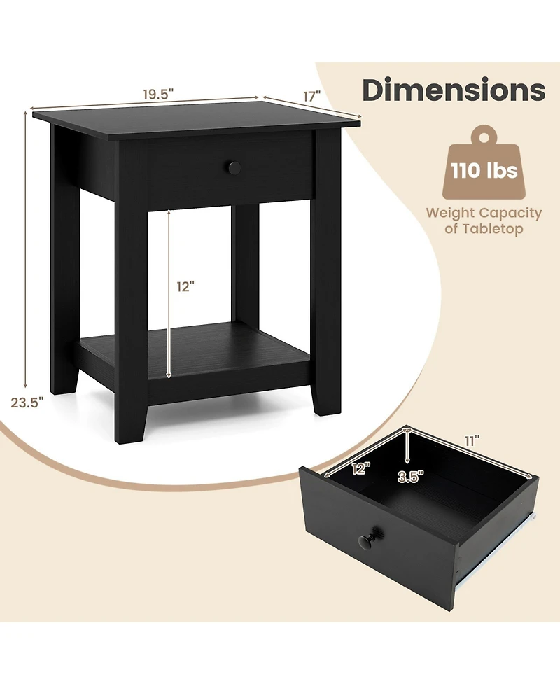 Gouun Set of 2 Modern 3-Tier Nightstands with Drawer and Open Shelf