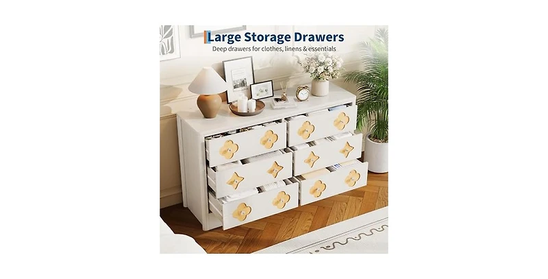 gaomon 6 Drawer Dresser for Bedroom, Wide Dresser, Boho Chest of Drawers, Wooden Chest with Clothes Storage Cabinet
