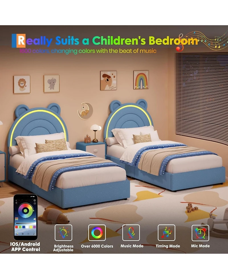 gaomon Twin Velvet Bed Frame with Bear Headboard, Led Lights and 2 Drawers, Upholstered Platform