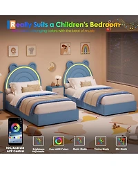 gaomon Twin Velvet Bed Frame with Bear Headboard, Led Lights and 2 Drawers, Upholstered Platform