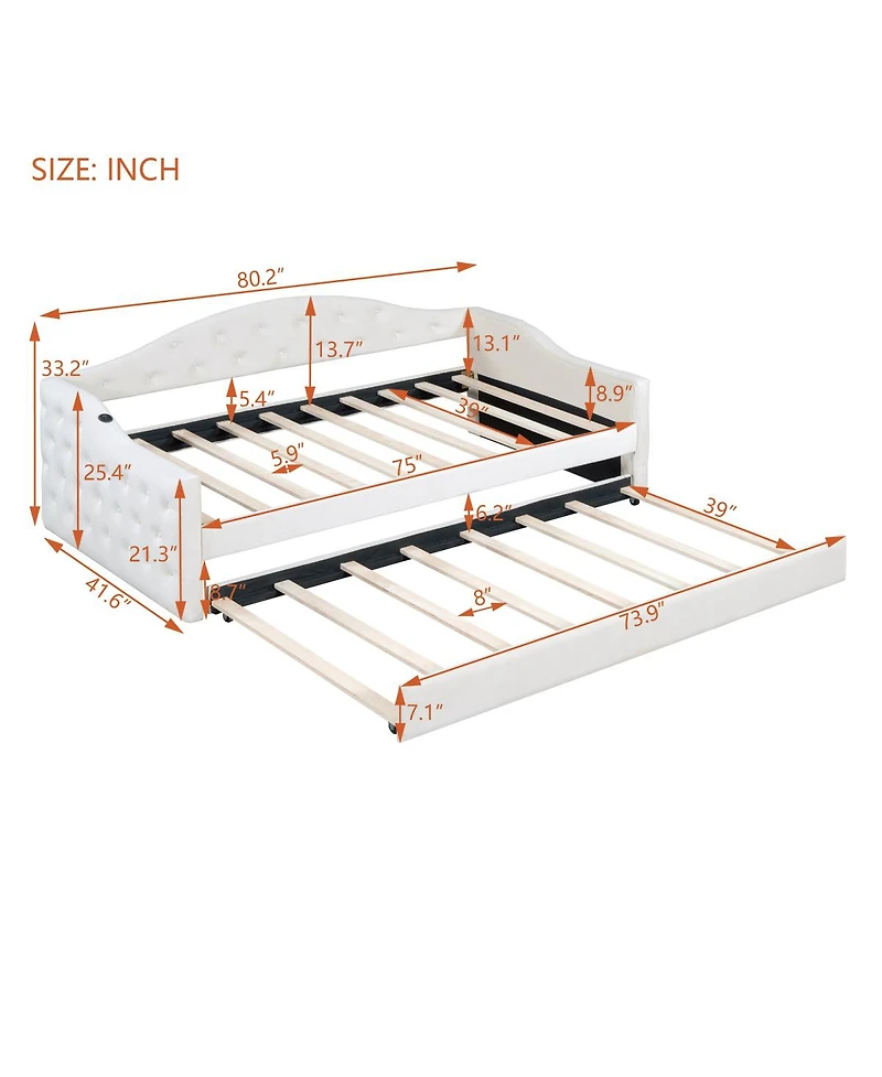 Streamdale Furniture Velvet Twin Daybed w/Trundle and Usb Charging