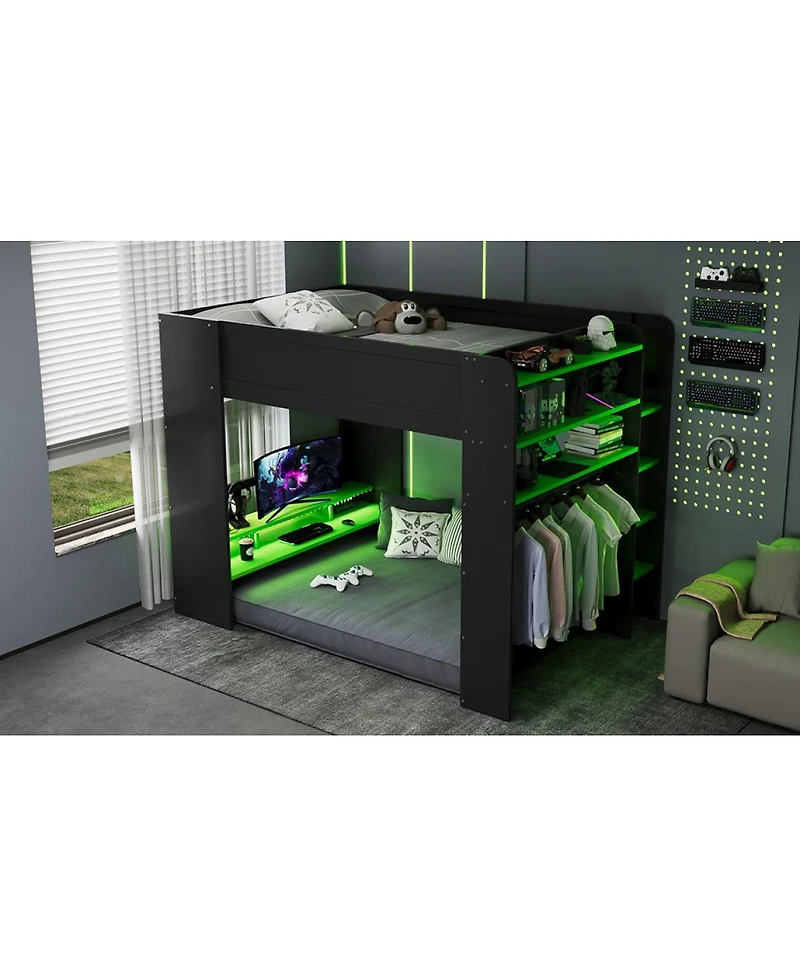 Streamdale Furniture Wood Bunk Bed w/Desk, Wardrobe, Storage, Rgb Light