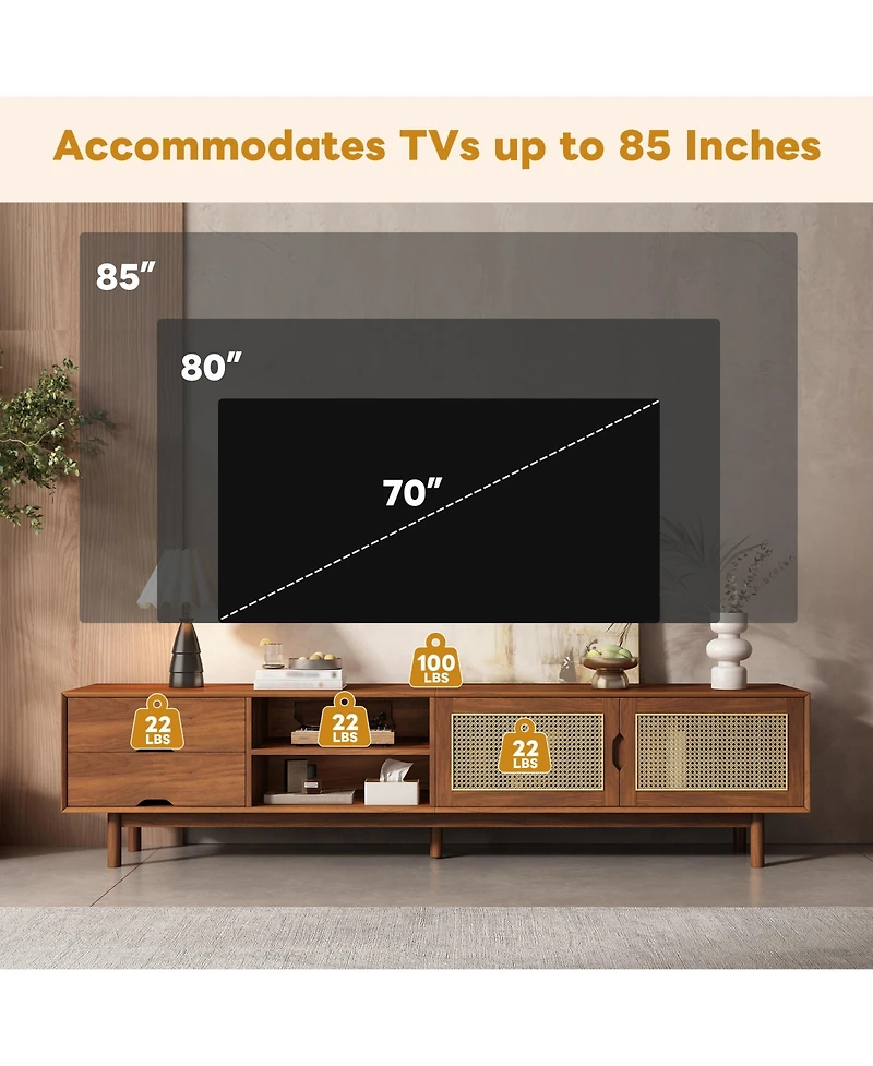 Rainsken Tv Stand for TVs up to 85 Inch, Media Console Table with 2 Drawers and Rattan Front Panels, Entertainment Center for Living Room