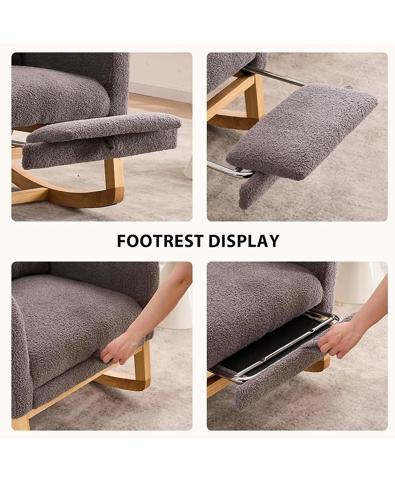 Rainsken Teddy Fleece Plush Rocking Accent Chair, Ergonomic Recliner with Side Storage Pocket and Retractable Footrest for Living Room, Balcony