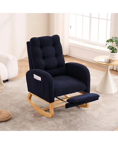 Rainsken Teddy Fabric Accent Rocking Chair, Leisure Recliner with Side Pocket and Retractable Footstool for Living Room, Balcony