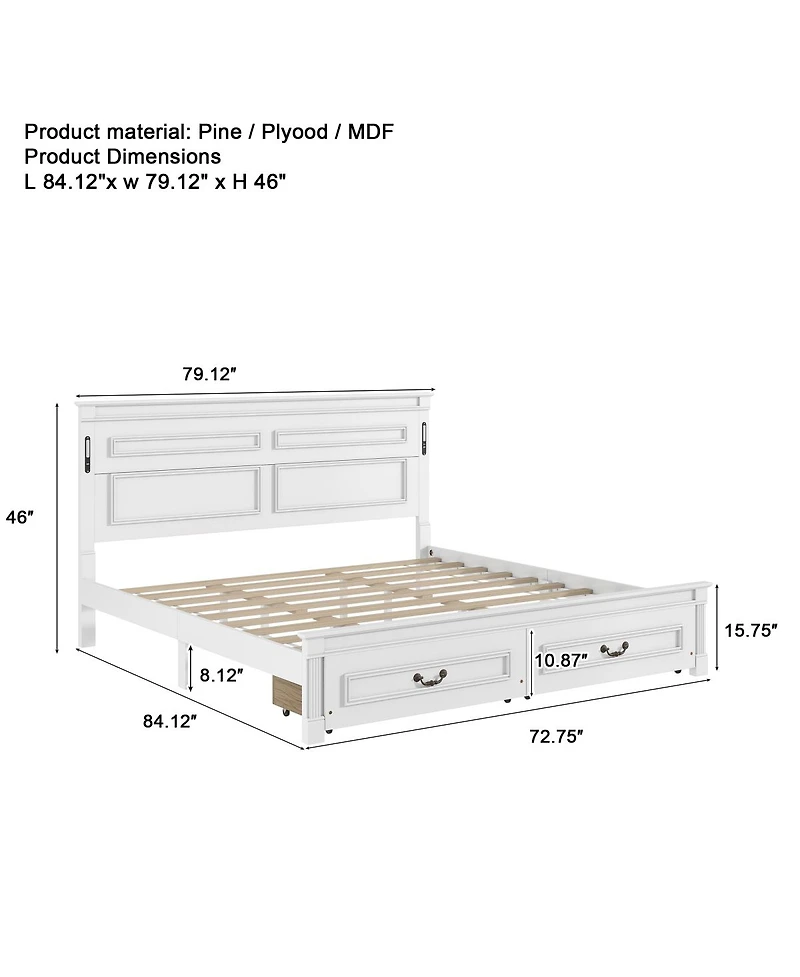 Streamdale Furniture King Led Storage Bed between Usb and Tall Headboard/Footboard