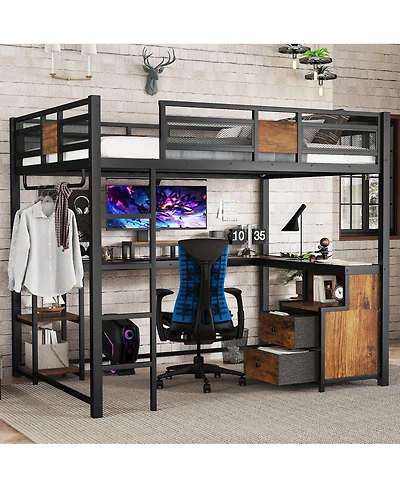 Streamdale Furniture Metal Queen Loft Bed with Desk and Storage Drawers