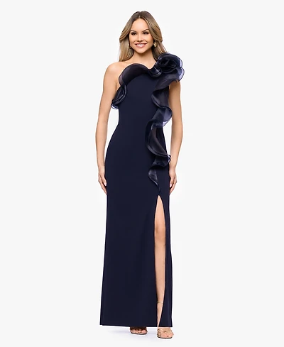Betsy & Adam Women's Scuba Crepe Organza-Ruffle Long Dress