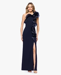 Betsy & Adam Women's Scuba Crepe Organza-Ruffle Long Dress