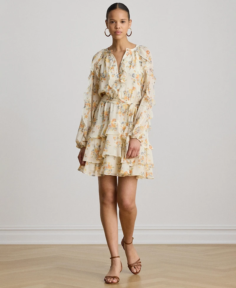 Lauren Ralph Women's Band Collar Floral Ruffle-Trim Tiered Dress