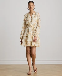 Lauren Ralph Women's Band Collar Floral Ruffle-Trim Tiered Dress