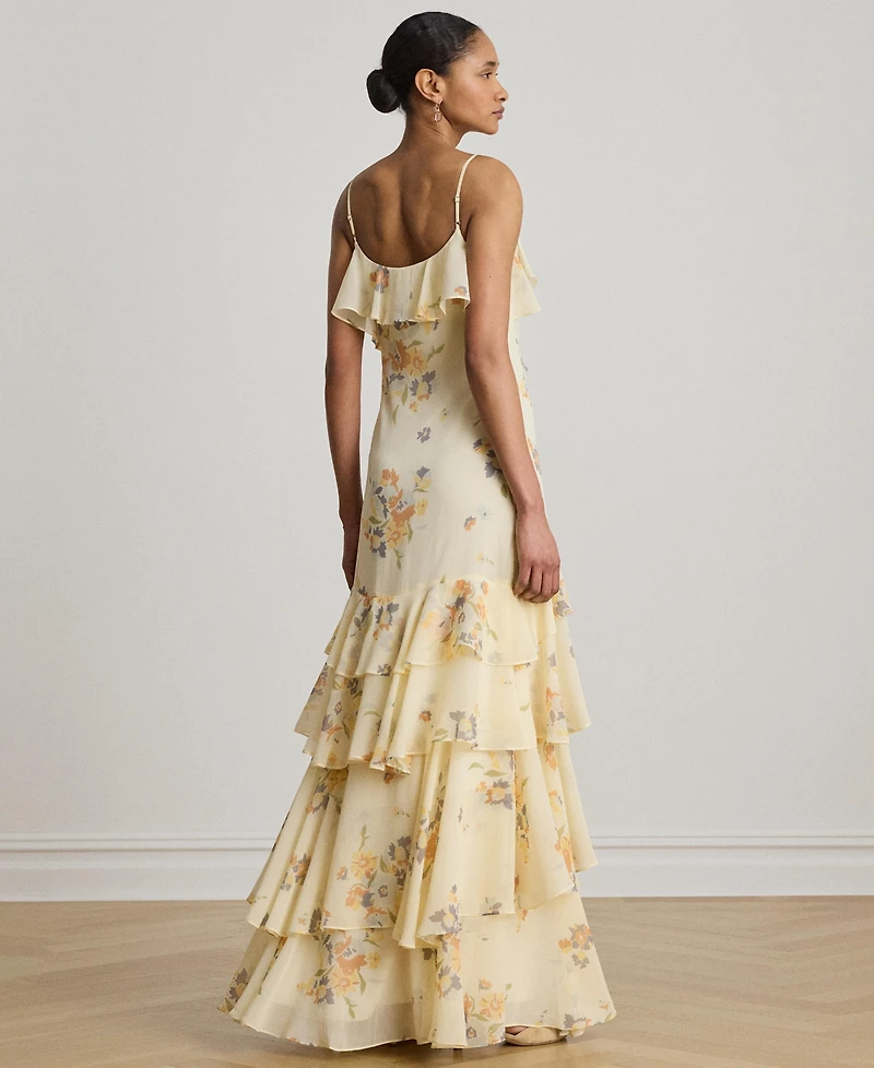 Lauren Ralph Floral Ruffle-Trim Georgette Gown