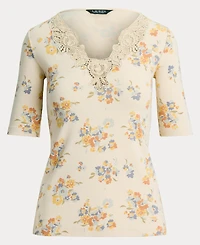 Lauren Ralph Women's V-Neck Floral Lace-Trim Rib-Knit Top