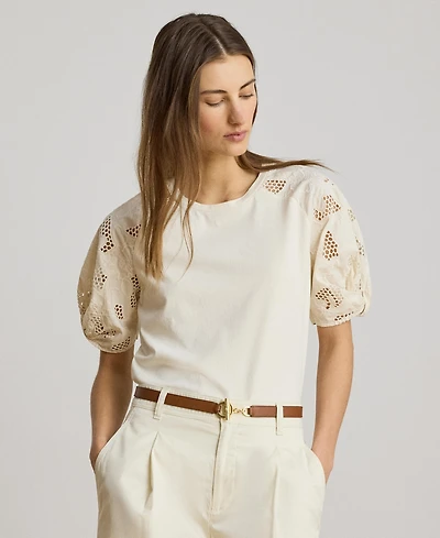 Lauren Ralph Women's Crewneck Eyelet-Bubble-Sleeve Top