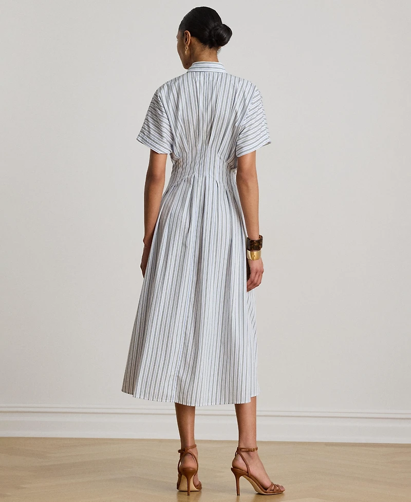 Lauren Ralph Women's Point Collar Striped Pleated Broadcloth Shirt Dress
