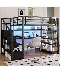Streamdale Furniture Metal Loft Bed With Stairs, Desk, Storage, Lights