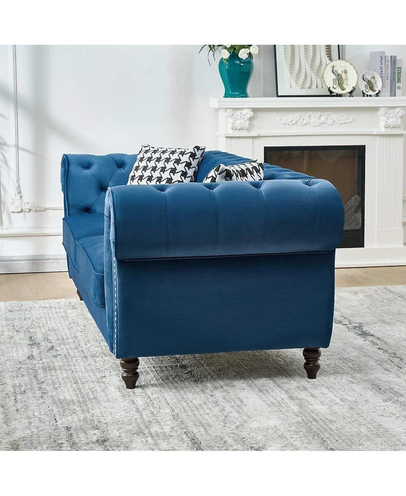 Streamdale Furniture 3 And 3 Velvet Chesterfield Sofa with Roll Armrest and Nailhead