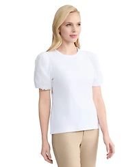 Jones New York Women's Eyelet Puff-Sleeve Crew Neck Top