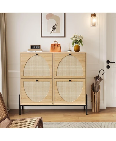 Streamdale Furniture Rattan Shoe Cabinet, 4-Door Flip, Narrow Entry Storage