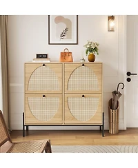 Streamdale Furniture Rattan Shoe Cabinet, 4-Door Flip, Narrow Entry Storage