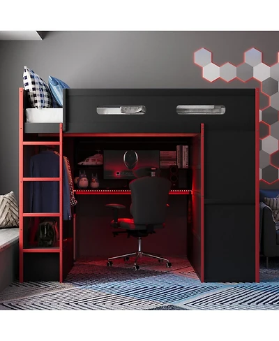 Streamdale Furniture Loft Bed with Desk, Wardrobe, Storage, Rgb Light