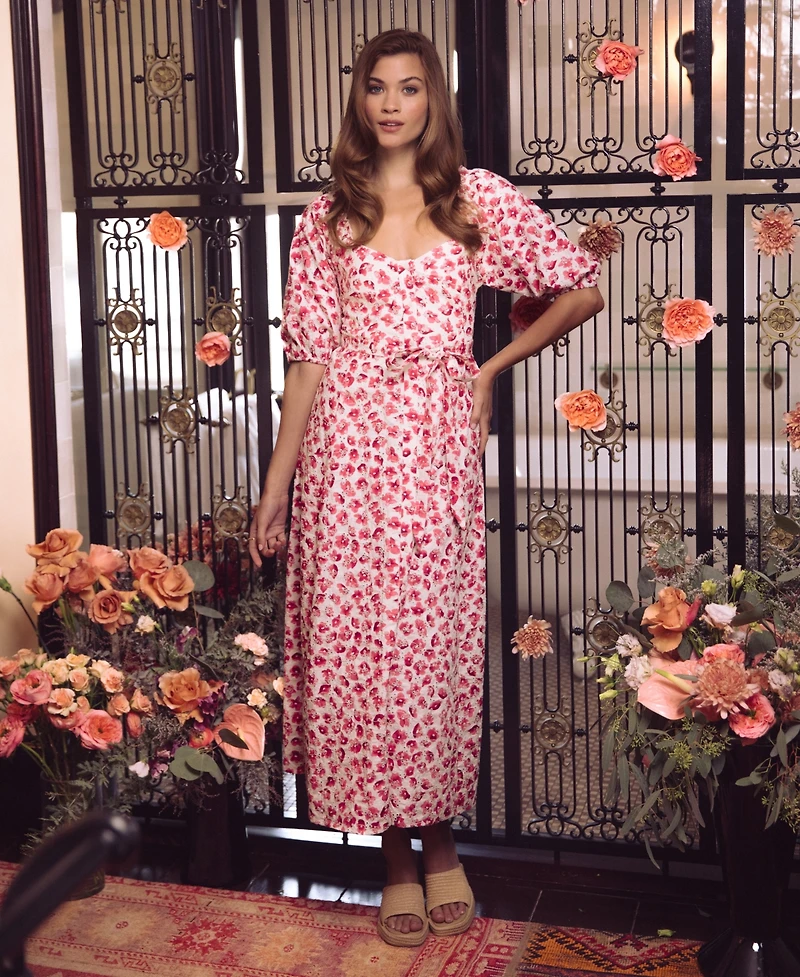 CeCe Women's Sweetheart Neck Puff-Sleeve Cotton Midi Dress