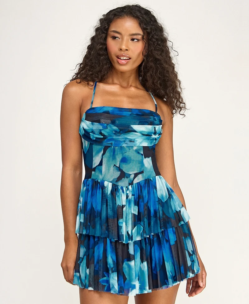 City Studios Juniors' Printed Mesh Straight Neck Tiered Mini Dress