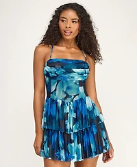 City Studios Juniors' Printed Mesh Straight Neck Tiered Mini Dress