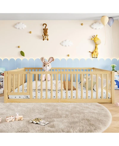 Streamdale Furniture Queen Size Bed Floor Bed with Safety Guardrails and Door for Kids