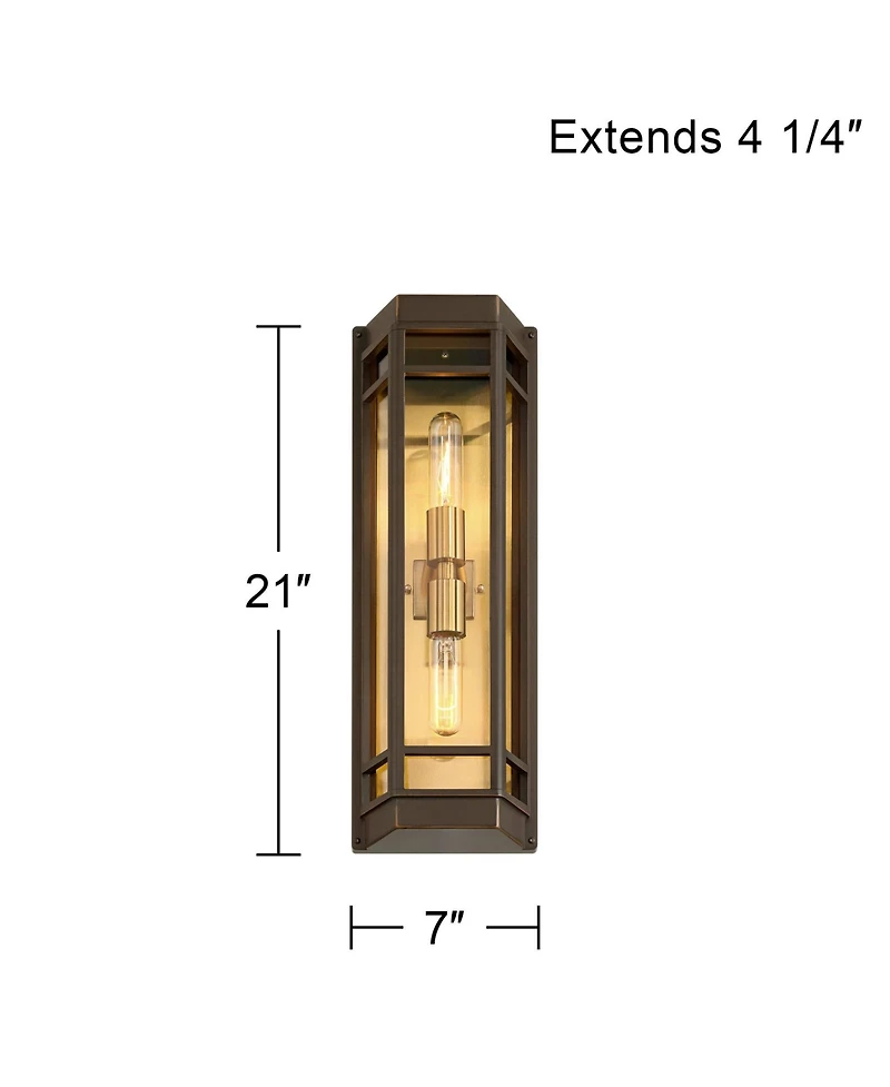 John Timberland Catie High Modern 2-Light Outdoor Wall Light Fixture Mount Porch House Set of 2 Sand Bronze and Brass Finish