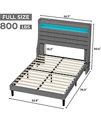 gaomon Led Bed Frame with Charging Station, Wooden Platform Upholstered Headboard and Slat Support, No Noise