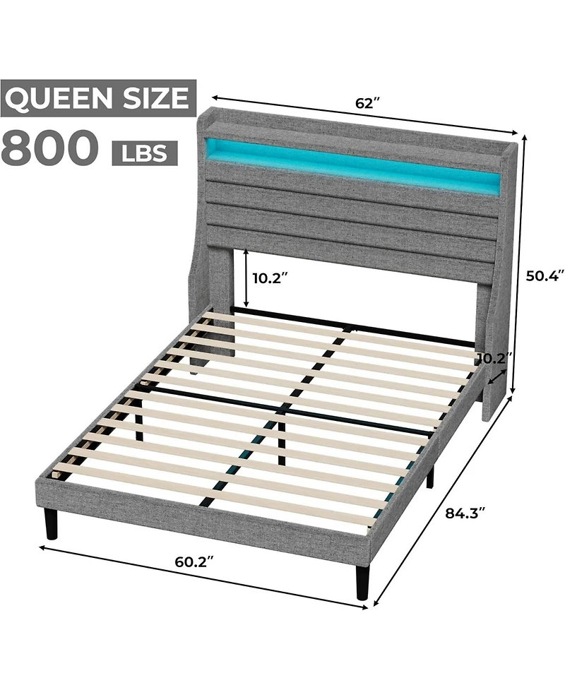 gaomon Led Bed Frame with Charging Station, Wooden Platform Upholstered Headboard and Slat Support, No Noise