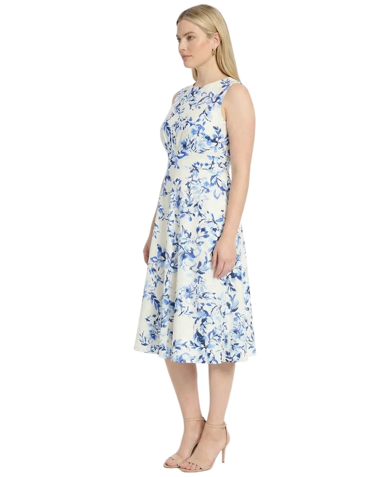 London Times Plus Printed Jewel Neck Eyelet Midi Dress
