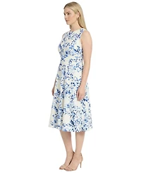 London Times Plus Printed Jewel Neck Eyelet Midi Dress