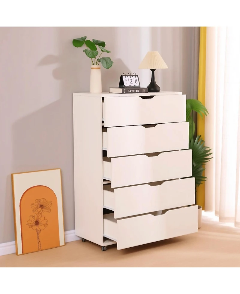 Flynama Modern 5 Drawer Dresser Wood Fabric Drawers Cabinet with Rattan Details