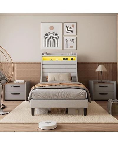gaomon Led Bed Frame with Charging Station, Wooden Platform Upholstered Headboard and Slat Support, No Noise, Box