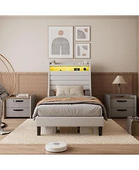 gaomon Led Bed Frame with Charging Station, Wooden Platform Upholstered Headboard and Slat Support, No Noise, Box