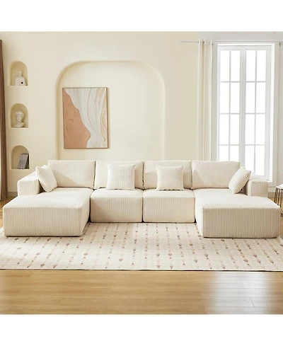 gaomon 137" Modular Sectional Sofa, Cloud Foam Sectional Couch with U-Shape Chaise/Throw Pillows/Plush Corduroy Fabric