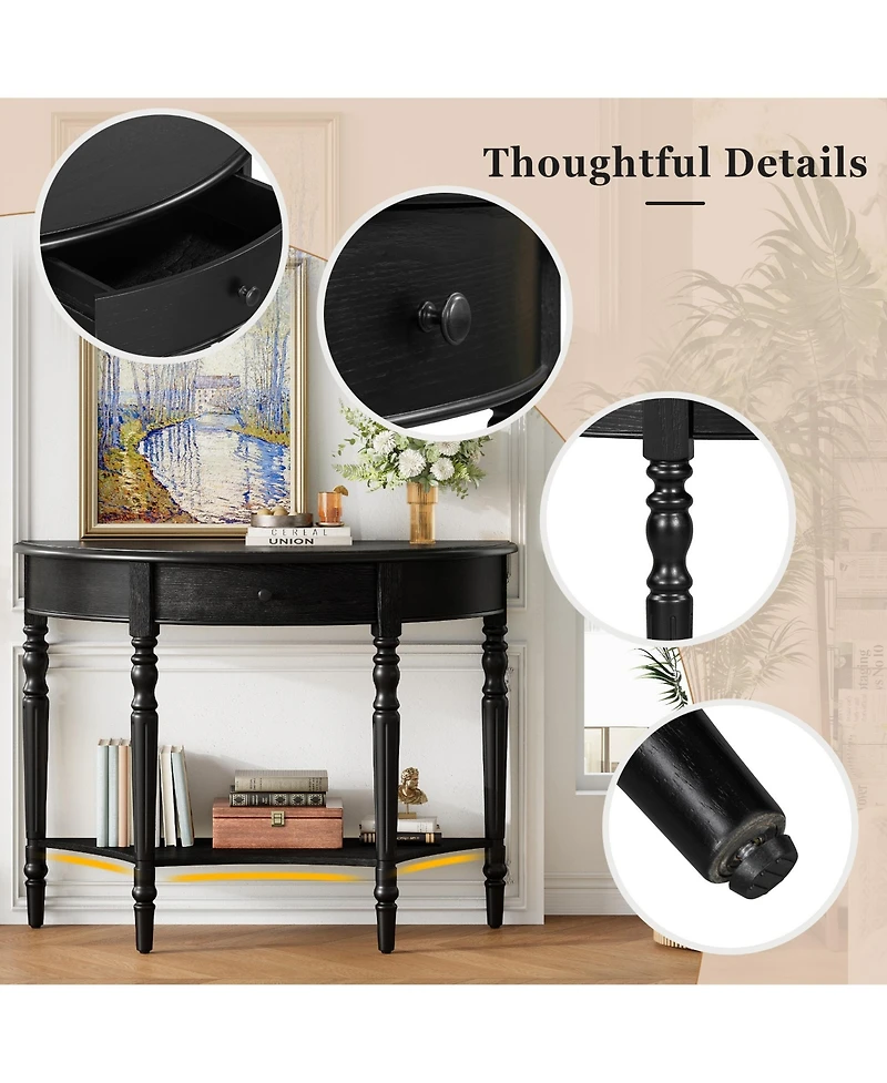 Rainsken Farmhouse Half Moon Console Table, Rustic Accent Table with Storage Drawer and Shelf, Sofa Table for Entryway, Living Room, Hallway