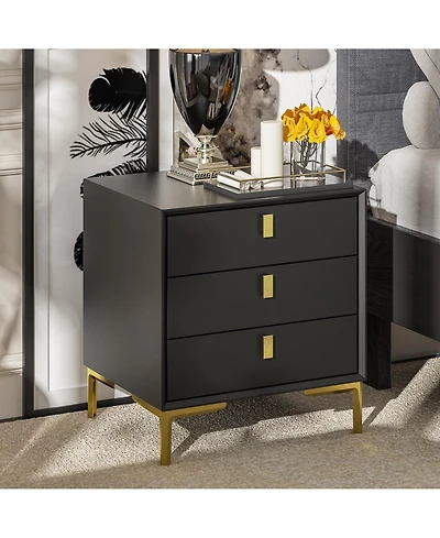 Homsee Nightstand with three drawers, wooden side table, end table with gold legs, bedside table for bedroom, living room, office