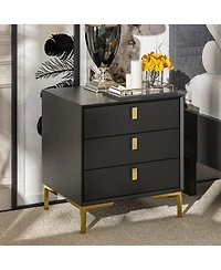 Homsee Nightstand with three drawers, wooden side table, end table with gold legs, bedside table for bedroom, living room, office