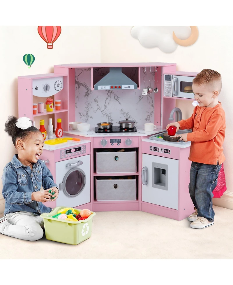 Slickblue Wooden Play Kitchen for Kids with Realistic Lights Sounds